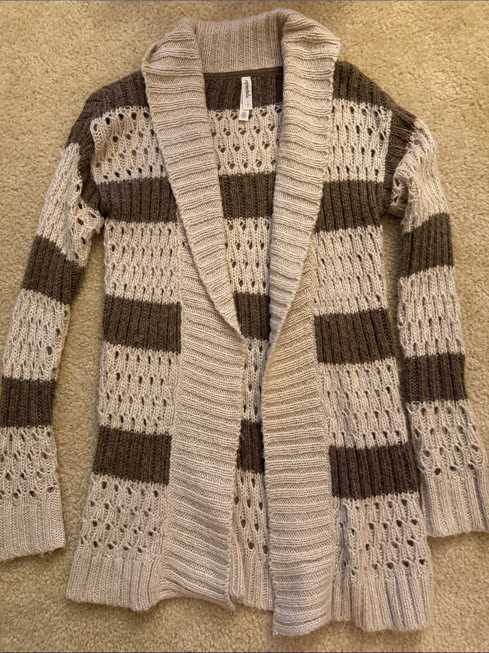 Aeropostale Striped Knit Cardigan Sweater - Cream and Brown Size S